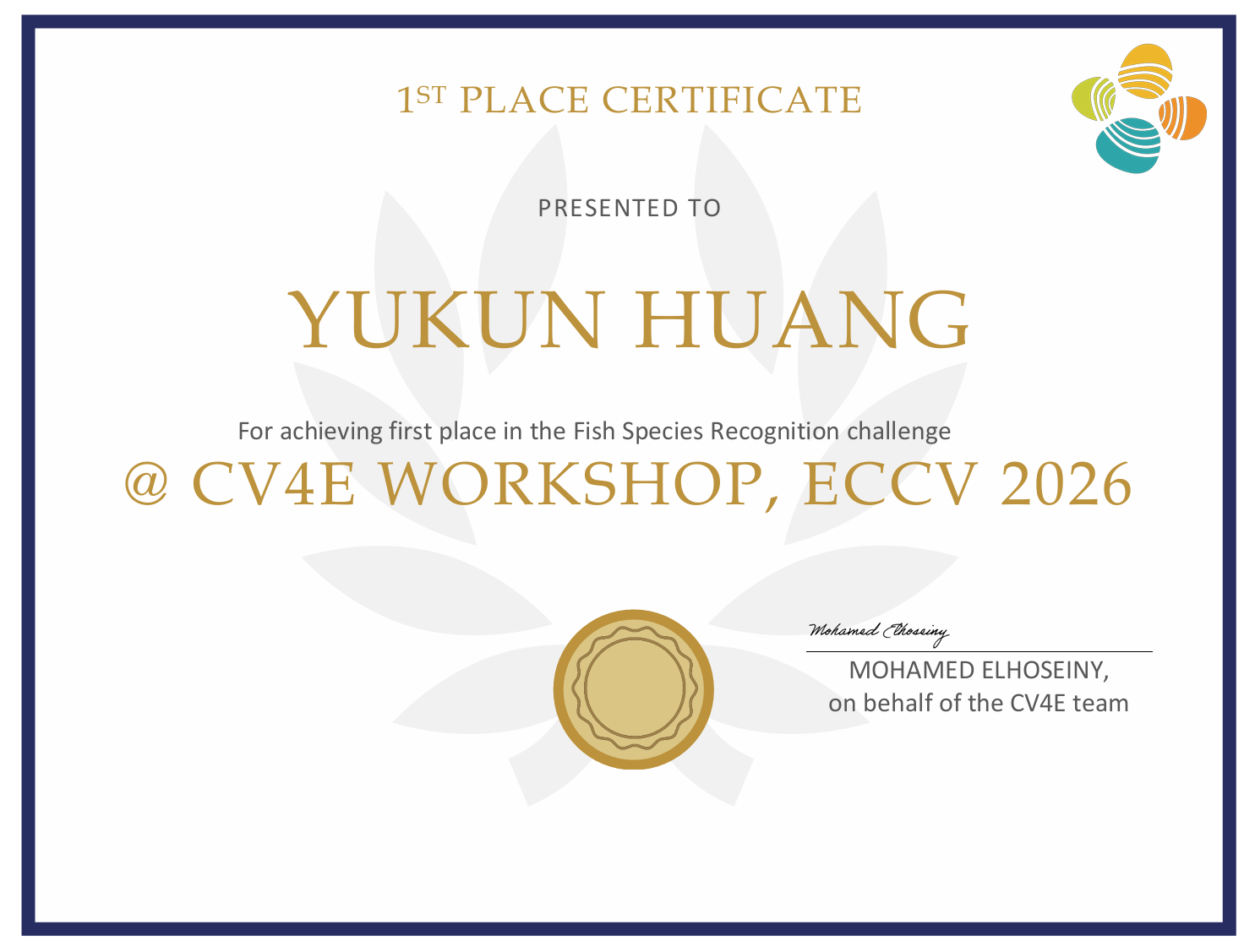 First place certificate presented to Yukun Huang for the Fish Species Recognition Challenge at the CV4E Workshop, ECCV 2026
